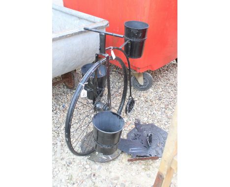 Decorative penny farthing style planter, H 79cm together with a sundial and decorative owl metal cut out wall hanging