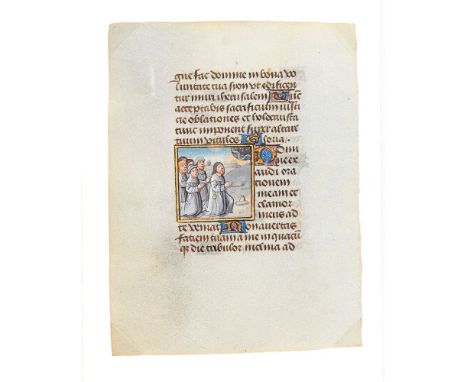 King David and other sinners kneeling in prayer, tiny miniature on a leaf from a Book of Hours, in Latin, illuminated manuscr