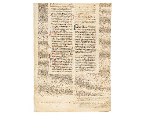 Bifolium from a copy of Justinian, Digest, in Latin, decorated manuscript on parchment [Italy, late thirteenth century or c. 