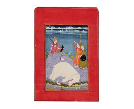 Kanada Ragini, Death of the White Elephant, scene from a Ragamala series, Indian miniature on card, Deccani school [probably 