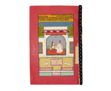 A pair of paintings, depicting a courting scene and two ladies in a palace courtyard, both scenes from a Ragamala series, Ind
