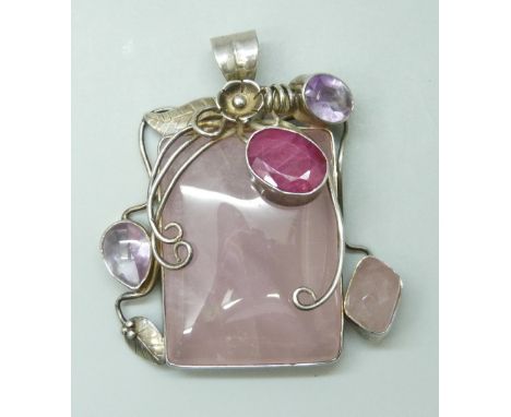 A rose quartz, ruby and amethyst silver pendant, 48g, 5.8cm