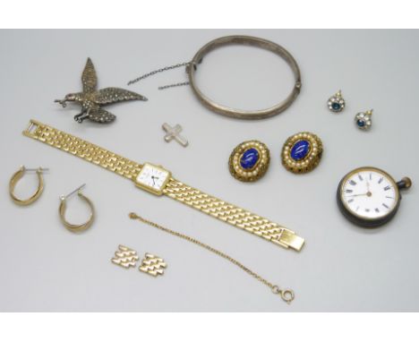 A silver bird brooch, (stone missing), a silver bangle, a silver pendant, together with three pairs of costume earrings, a Ro
