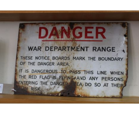 A WWII era enamel sign 'Danger' War Department Range etc, 12" x 18"