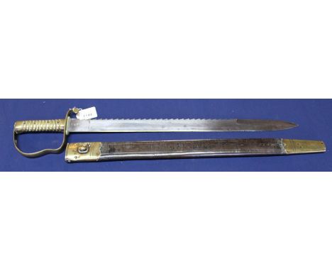 A British model 1856 'Pioneer' sidearm complete with brass mounted leather scabbard blade and locket marked 'Mole' with quill