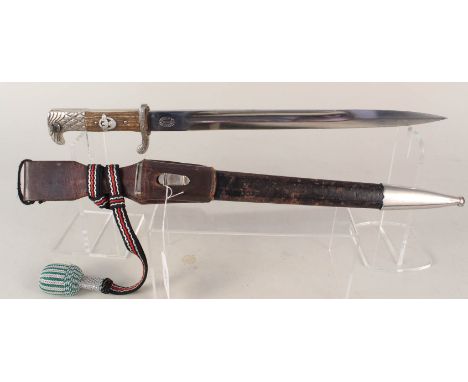 A German Third Reich era Police bayonet/sidearm with scabbard, leather frog and knot, 13" blade marked F.W. Holler Solingen, 