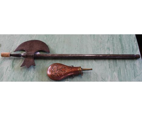 A Persian Tabar axe with a copper powder flask