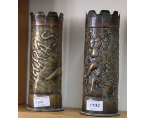 Two WWI dated 'Trench Art' shell case vases, one marked 'Somme', the other 'Arras'