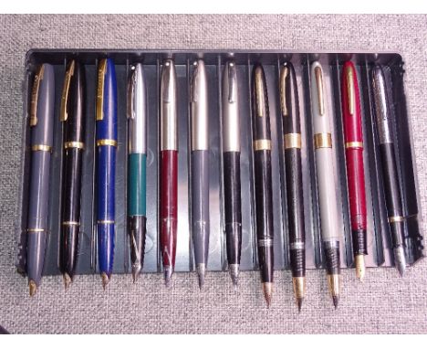TRAY OF TWELVE VARIOUS VINTAGE SHEAFFER FOUNTAIN PENS including three Imperial I - 2 x Touchdown, 1 x button filler (grey, bl