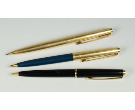 THREE VINTAGE PARKER 45 MECHANICAL PENCILS one 12ct rolled gold Insignia, one teal blue Custom with 12ct rolled gold cap &amp