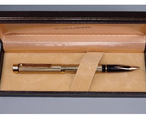 VINTAGE GOLD PLATED SHEAFFER TARGA FOUNTAIN PEN with diamond squares pattern (cross-hatch) &amp; 23ct gold electroplated trim