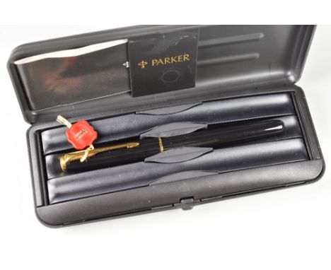 MODERN BLACK LAQUE PARKER SONNET FOUNTAIN PEN with gold plated trim &amp; 18ct gold nib, in original box