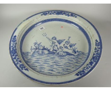 CHINESE BLUE &amp; WHITE CIRCULAR CHARGER depicting mythological figures &amp; sea monsters, central figure with Trident with