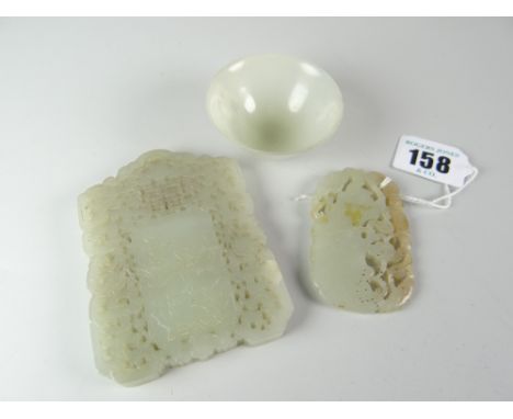 PALE JADE SMALL PEDESTAL BOWL together with carved &amp; pierced jade panel depicting fantastic bird with character mark to r