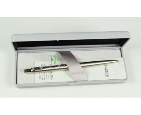 MODERN STAINLESS STEEL PARKER CLASSIC FLIGHTER BALLPOINT PEN with chrome trim, date stamped 1998, in original box with plasti