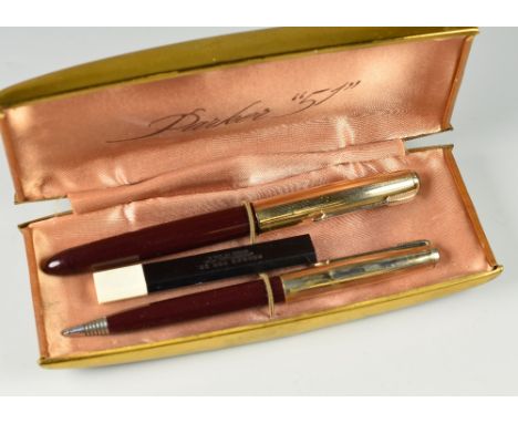 VINTAGE CORDOVAN BROWN PARKER 51 FOUNTAIN PEN &amp; PENCIL SET with rolled gold caps, gold plated trim &amp; jewels, in origi