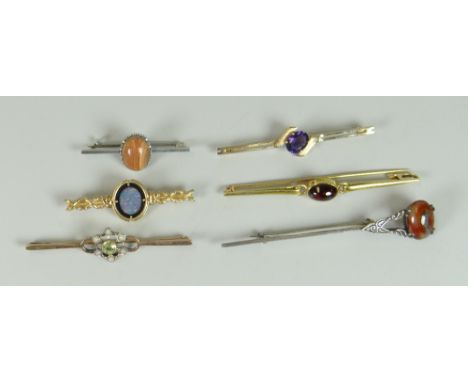 GROUP OF SIX ASSORTED LADIES BAR BROOCHES to include silver &amp; gold, set with opal, seed pearls, amethyst etc (6)