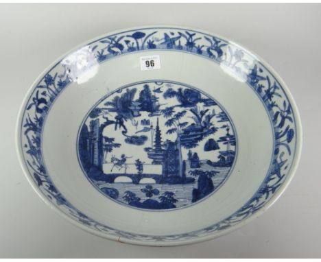 CHINESE PORCELAIN BLUE &amp; WHITE PEDESTAL SHALLOW BOWL with central panel depicting figures on a bridge within landscape, w