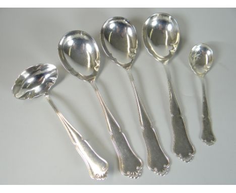 GROUP OF NORWEGIAN SILVER FLATWARE  to include three serving spoons, a ladle and a small spoon of shell and scroll decoration