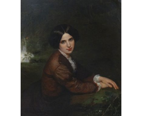 NINETEENTH CENTURY ENGLISH SCHOOL oil on canvas - half-portrait of a lady with hair up, seated in a garden, unsigned, 91 x 79