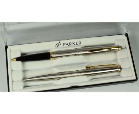 MODERN STAINLESS STEEL PARKER 45 SPECIAL FLIGHT GT FOUNTAIN &amp; BALLPOINT PEN SET with cabochon jewel clip screw in gold, i