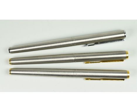 THREE VINTAGE PARKER ARROW FLIGHTER FOUNTAIN PENS one with brushed stainless steel finish &amp; chrome trim (date code 1984),
