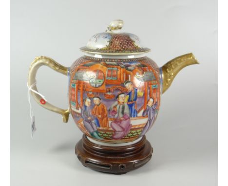 CHINESE PORCELAIN MANDARIN TEAPOT &amp; COVER depicting figures &amp; pagodas with alternating bird panels, the spout &amp; h