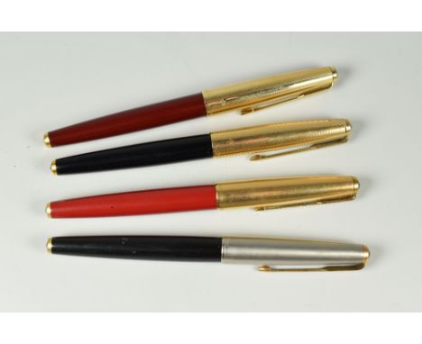 FOUR VINTAGE PARKER 61 FOUNTAIN PENS one black deluxe with satin lustraloy cap with double jewel, one black custom with rolle