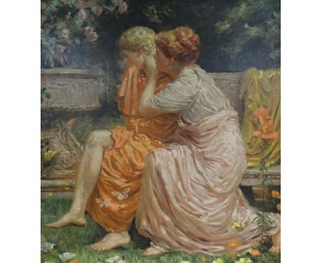 NINETEENTH CENTURY ENGLISH SCHOOL oil on canvas - two Classical style robed figures in a garden, unsigned, 75.5 x 69cmsThere 