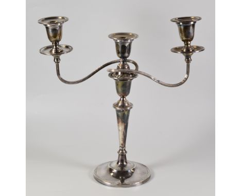 MID 20TH CENTURY SILVER TWO BRANCH CANDELABRA, raised on circular stepped base. Sheffield 1964, 37cm high (loaded). Condition