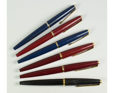 SIX VINTAGE PARKER 45 DELUXE FOUNTAIN PENS all with gold trim; one black, two blue &amp; three red
