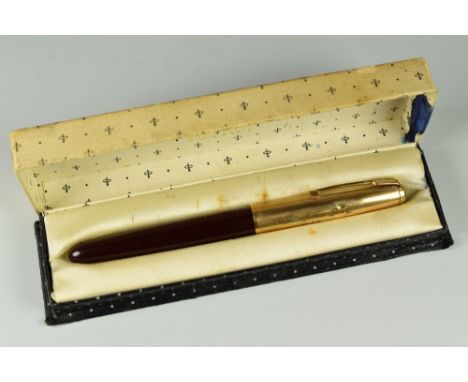 VINTAGE CORDOVAN BROWN PARKER 51 FOUNTAIN PEN with gold filled cap, gold plated trim &amp; jewel, engraved 'Rev. John Day, Mi