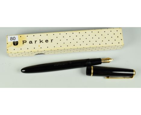 VINTAGE BLACK PARKER JUNIOR FOUNTAIN PEN with original gold nib, in original box with instructions