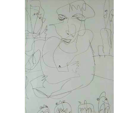 DYLAN THOMAS pen drawing - sketch of a figure with arms crossed entitled 'Drawn by Dylan Thomas at Halcyon House, Washington 