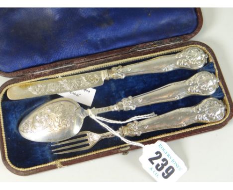 VICTORIAN CASED SILVER THREE PIECE CHRISTENING SET comprising kife, fork and spoon all engraved and having shell design handl