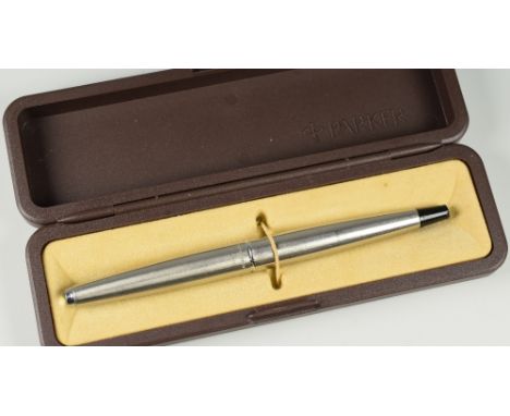 VINTAGE STAINLESS STEEL PARKER 45 FLIGHTER FOUNTAIN PEN with black plastic end cap, boxed