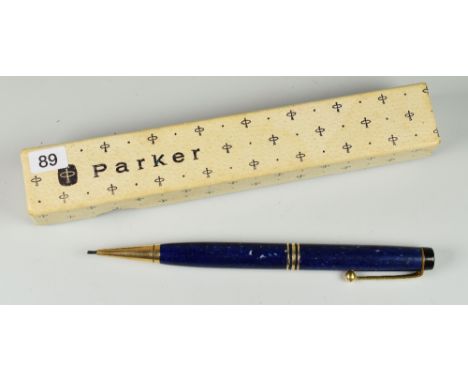 VINTAGE LAPIS LAZULI PARKER DUOFOLD DE LUXE MECHANICAL PENCIL with three cap bands &amp; gold plated trim, boxed