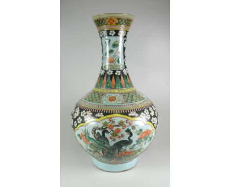 CHINESE PORCELAIN FAMILLE VERTE TURQUOISE GROUND ONION-SHAPED VASE decorated with fantastic bird panel within floral &amp; ge