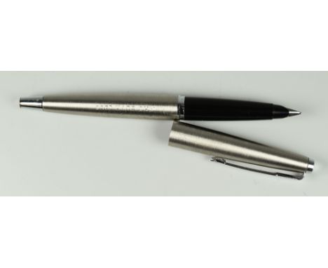 VINTAGE STAINLESS STEEL PARKER 45 FLIGHTER FOUNTAIN PEN with silver tail cap, steel nib &amp; chrome trim, 'John Powell, May 