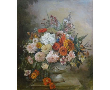 VIOLA GORDON WOULFE oil on canvas - large arrangement of flowers on a pedestal, signed, 70 x 60cms