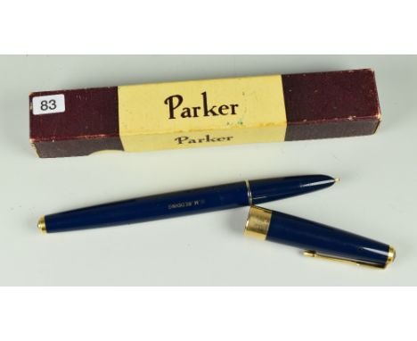 VINTAGE BLUE PARKER 17 SUPER DUOFOLD FOUNTAIN PEN engraved with MM Redding on barrel, in original box
