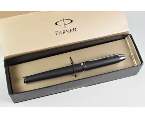 MODERN MATT BLACK PARKER IM PREMIUM ROLLERBALL with chrome trim, in original box with instructions