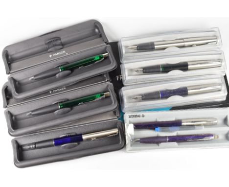 COLLECTION OF MODERN PARKER FRONTIER PENS including four fountain pens (one green, one stainless steel Flighter, two blue), t