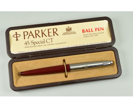 VINTAGE RED PARKER 45 CLASSIC FOUNTAIN PEN with brushed steel cap, in original box