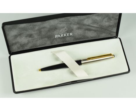 MODERN BLACK PARKER 45 GT BALLPOINT PEN with brushed steel cap &amp; gold trim, in original box