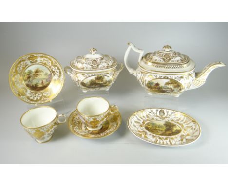 A DERBY PORCELAIN PART-TEA SET 1806-1825 comprising teapot, stand, lidded-sucrier and two cups and saucers, each profusely gi