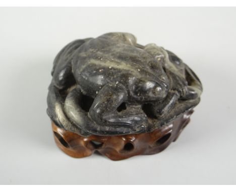 BELIEVED CHINESE CARVED BLACK &amp; WHITE JADE STUDY OF A FROG ON LOTUS LEAF raised on hardwood base, 4.5cms high Condition R