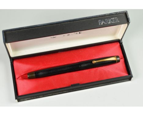 VINTAGE BLACK PARKER DUOFOLD FOUNTAIN PEN with original 14ct gold nib &amp; gold plated trim, boxed