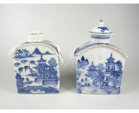 TWO SIMILAR CHINESE PORCELAIN BLUE &amp; WHITE ARCH TOPPED TEA CADDIES one with lid, both depicting pagodas, boats &amp; figu