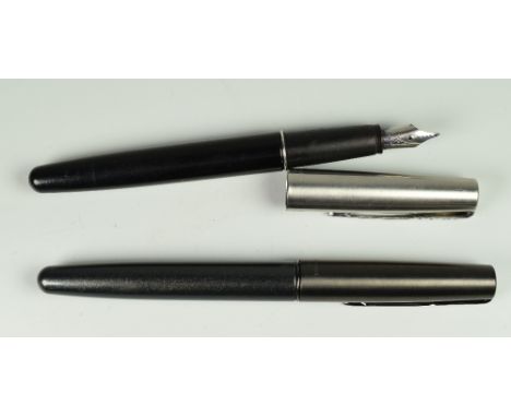 TWO MODERN PARKER FRONTIER PENS one black barrelled fountain pen, one gunmetal fibre tip with Diamonite Z cap &amp; trim